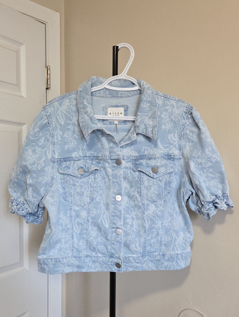 Raisin Pale Blue Floral Denim Jacket with Ruched Short Sleeves